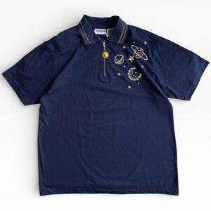 Vintage Bonnie Blain 90s Navy 1/4 Zip Collared Celestial Sun Moon Stars Tee